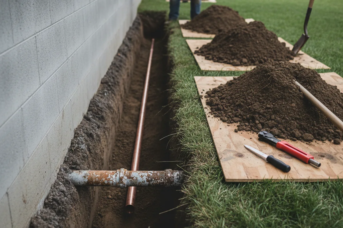 Excavated water line trench during Water Softener Installation in Warfield